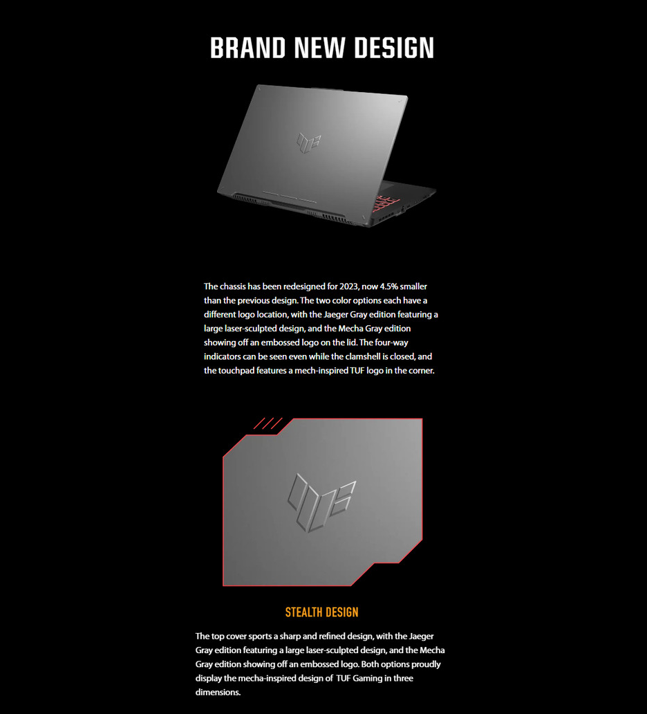 A large marketing image providing additional information about the product ASUS TUF Gaming A15 (FA507) - 15.6" Ryzen 5, RTX 4060, 16GB/1TB - Win 11 Notebook - Additional alt info not provided